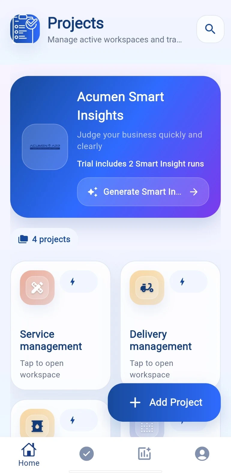 Acumenn projects and smart insights mobile screen